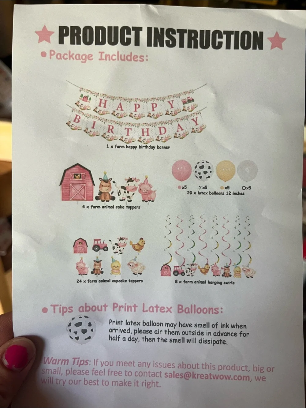 Pink Farm Animal Happy Birthday Party Decoration Set